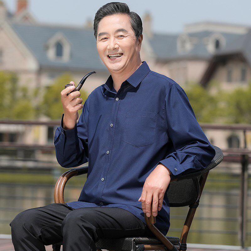 中老年男士长袖衬衫春q夏季爸爸装丝光棉衬衣老年人薄款休闲套装