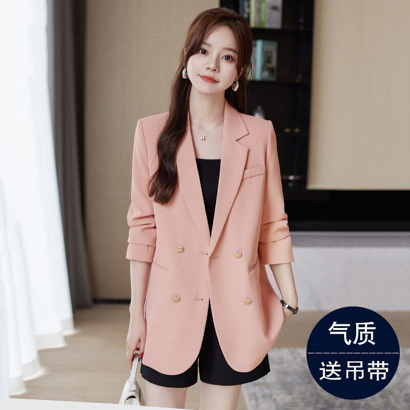 粉色西装外套女士春秋2024新款高级感休闲气质小个子炸街西服上衣
