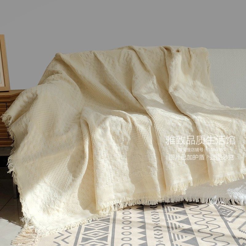 日式棉麻风素色米白全包加大沙发罩巾防猫抓加厚盖布桌布床盖毯子
