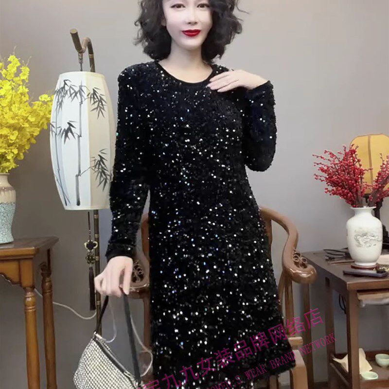 时尚重工亮片连衣裙女士春季长袖中长款圆领气质显瘦黑色打底裙子