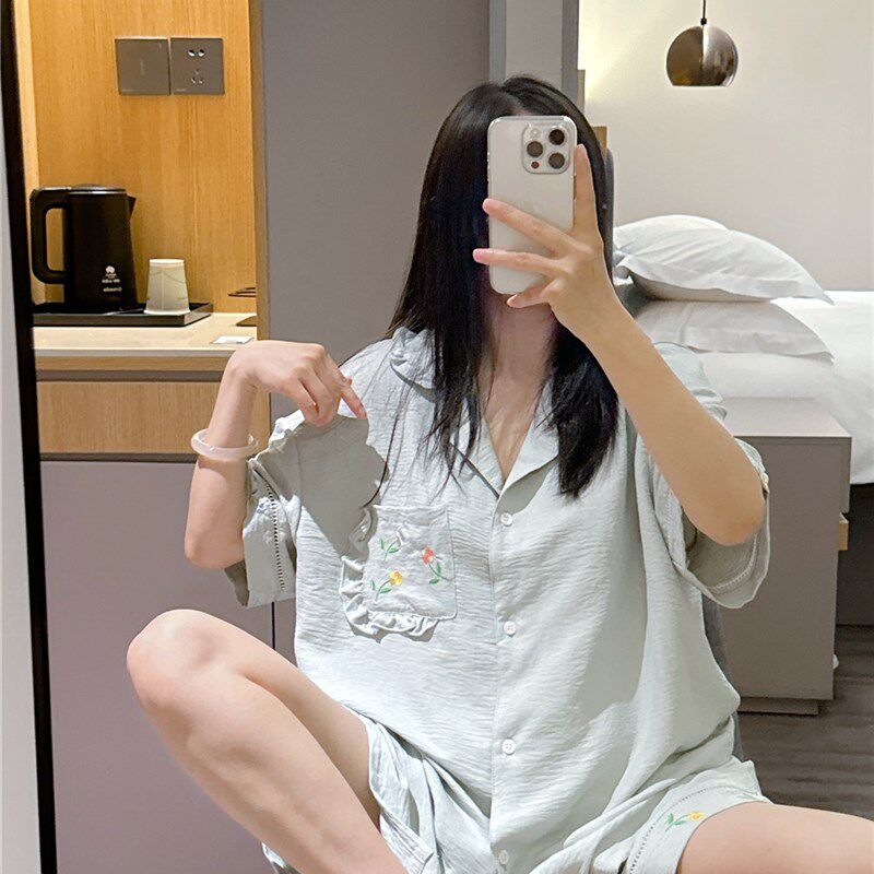 日系短袖睡衣女夏纯棉甜美可爱开衫翻领家居服大码胖mm200斤套装
