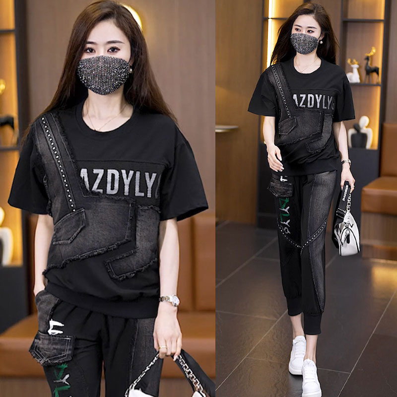 夏季新款时尚休闲套装女大码牛仔蕾丝印花宽松短袖七分裤两件套潮