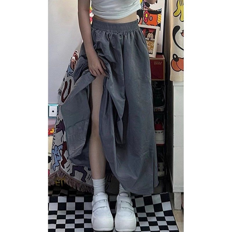 梨形身材穿搭大码灰色高腰半身裙女胖妹妹高腰mm显瘦宽松百褶长裙