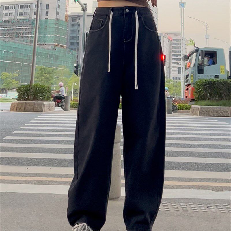 梨型身材大码牛仔裤女阔腿胖MM宽松显瘦抽绳高腰垂感拖地堆堆长裤
