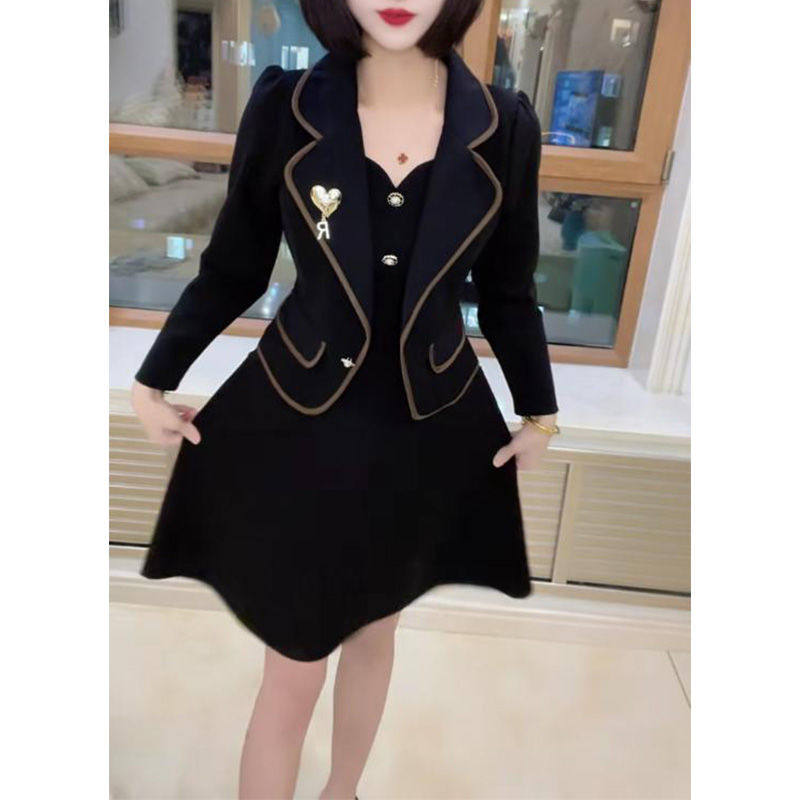 新款时尚假两件洋装女2023秋季韩版小个子西服领减龄显瘦a字裙
