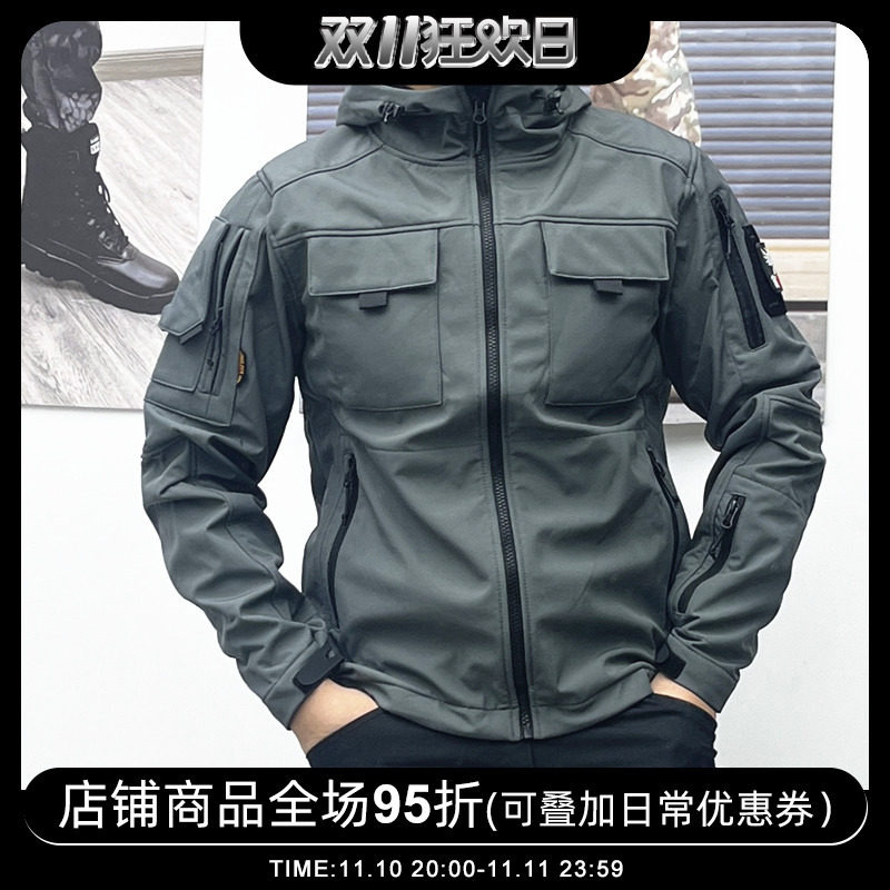 男春秋修身软壳战术骑行短夹克抓绒弹力冲锋衣户外套防水防刮灰色