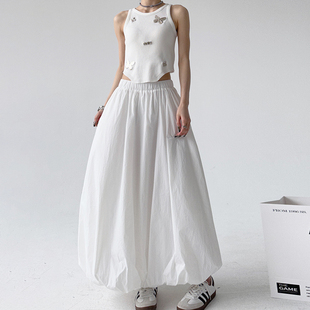 白色半身裙女2024夏季新款高个子显瘦中长款高级感校园蓬蓬花苞裙