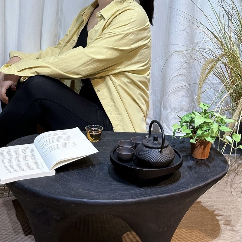 侘寂风榻榻米f矮桌 碳化黑色原木根雕小茶几日式卧室实木炕几飘窗