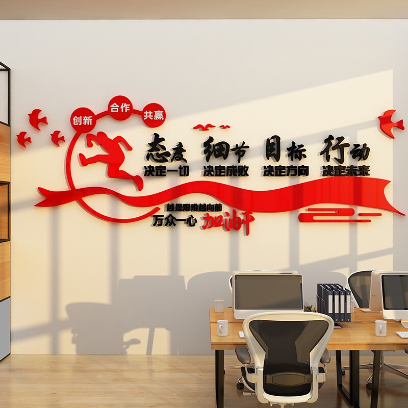 企业文化办公室墙l面装饰背景公司会议团队激励志标语贴纸设计布