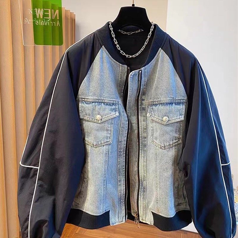 韩系棒球服夹克上衣女设计感小众宽松立领明线牛仔拼接外套女上衣