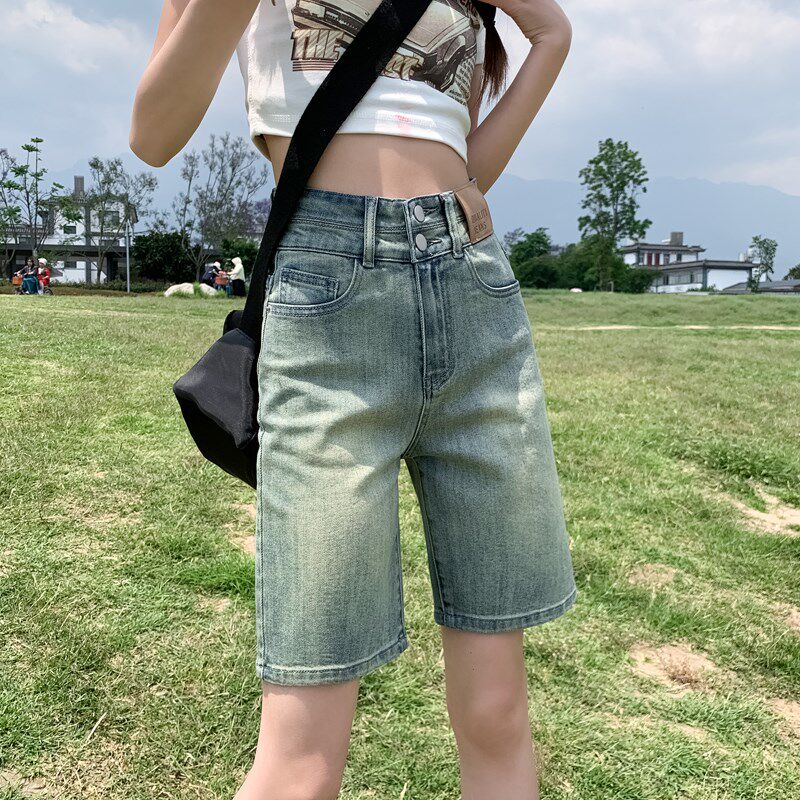 小个子中长款五分牛仔短裤女夏装新款洋气修身弹力直筒5分中裤子