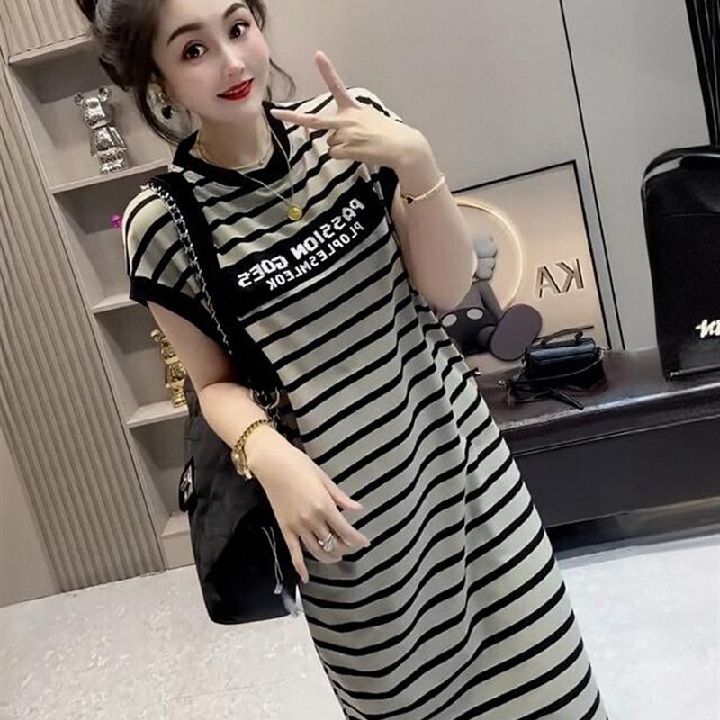 欧货复古拼色条纹纯棉短袖T恤裙女夏季新款宽松中长款开叉连衣裙