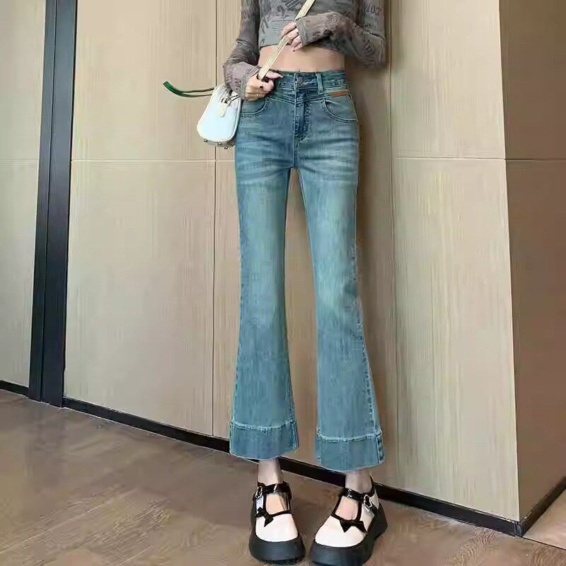 喇叭裤女小个子复古九分牛仔裤高腰紧腿弹力春夏不贴腿直筒微喇裤