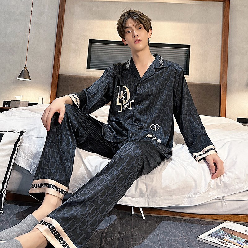 男士冰丝睡衣男春秋季高级感长袖夏款男款大码家居服薄款丝绸套装