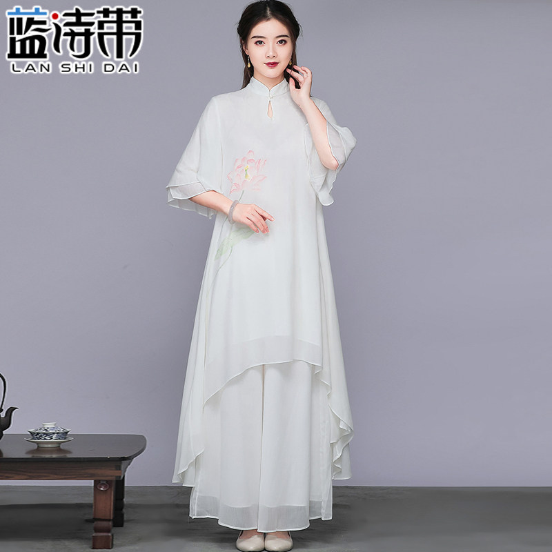 中式禅意茶服女改良汉服手绘印花旗袍雪纺连衣裙套装中国风两件套