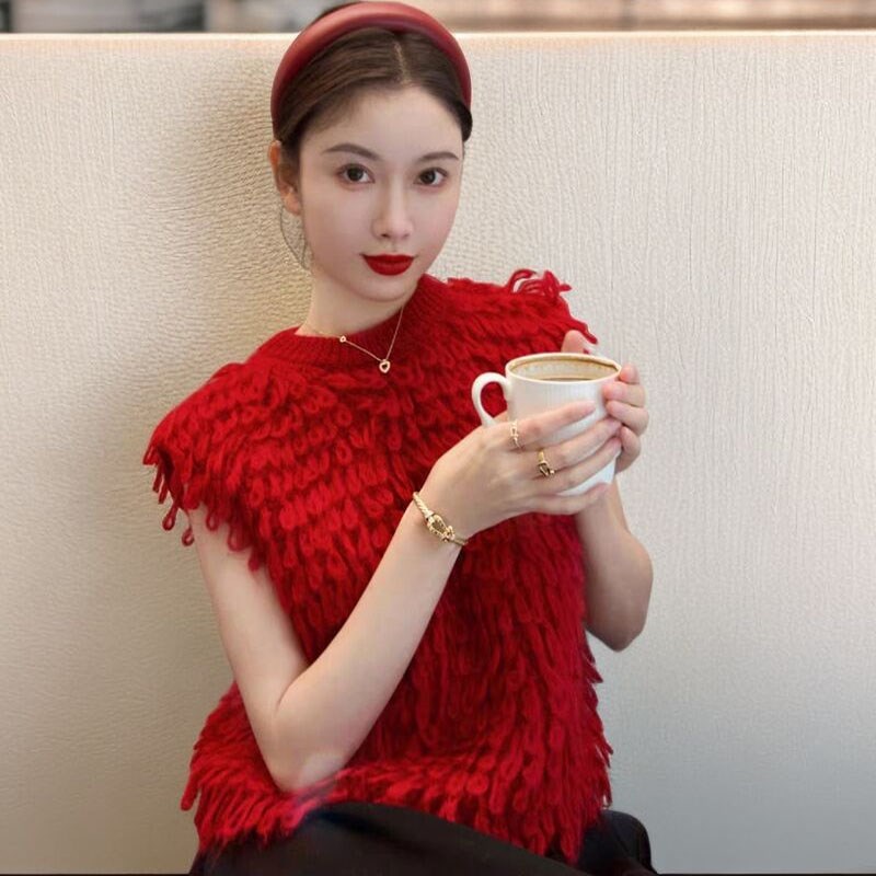 2023早秋季新款羽毛针织背心女设计感小众时尚洋气慵懒风宽松上衣