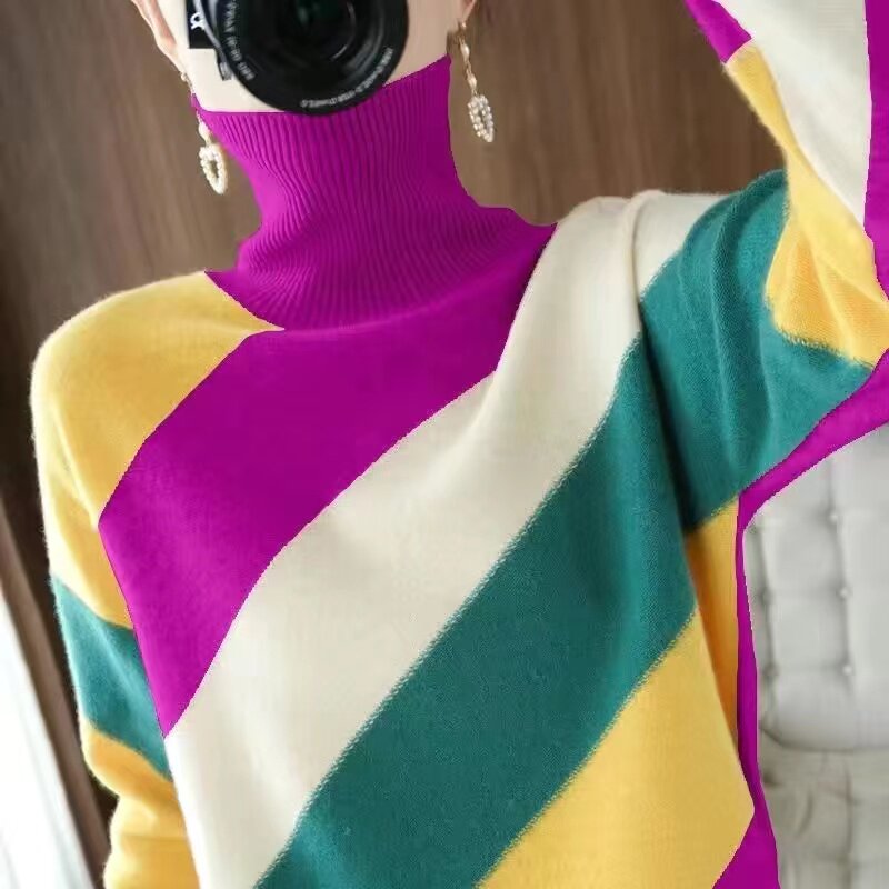 薄款高领毛衣女2023秋冬新款条纹内搭宽松显瘦撞色拼接针织打底衫