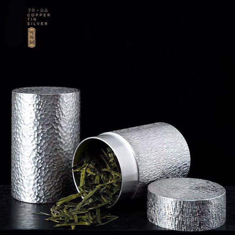 纯锡制树纹茶叶j罐轻便携带密封金属存茶罐手工锤纹迷你茶叶罐