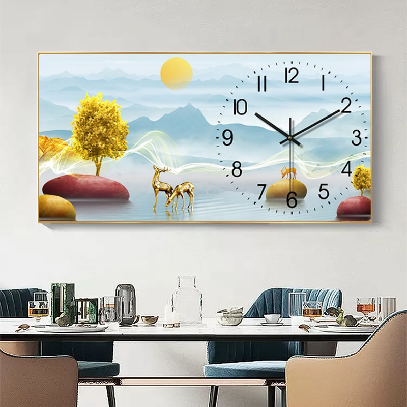 餐厅装饰画饭堂饭厅厨房壁画晶瓷画带钟K表挂钟现代简约大气挂画