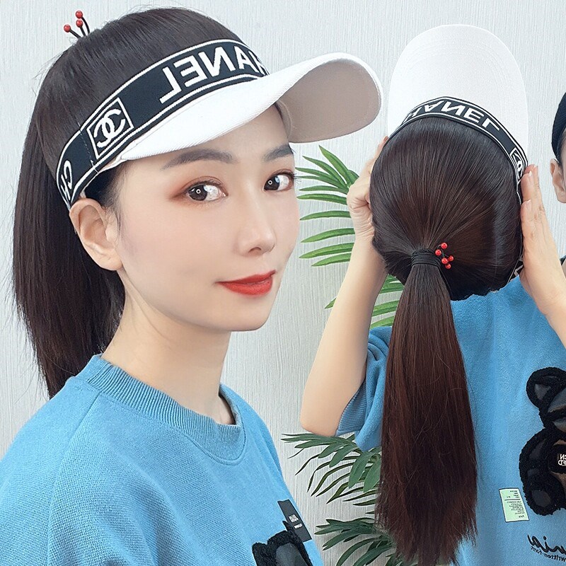 网红长直发假发帽帽子假发一体时尚百搭夏季空顶帽子马尾女韩版潮