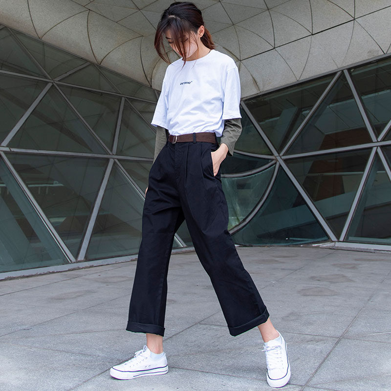 黑色裤子女宽松直筒工装裤女夏季薄款小个子阔腿休闲2021新款九分