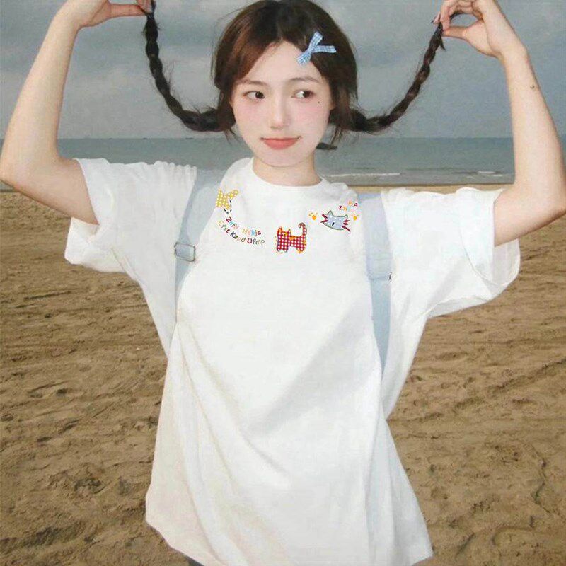 夏季纯棉白色短袖t恤女2025新款爆款正肩设计感美式半袖宽松上衣