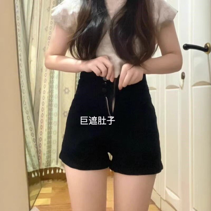 美式热辣H黑色牛仔短裤女2025夏季梨形身材高腰小个子a字阔腿热裤