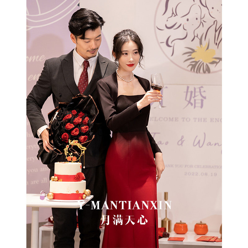 新娘敬酒服2023新款大气鱼尾结婚红色晚礼服小众订婚艺考夏季主持