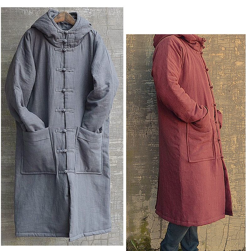 中国风男装加厚棉衣中式棉服唐装盘扣中长版花亚麻棉袄外套宽松黑