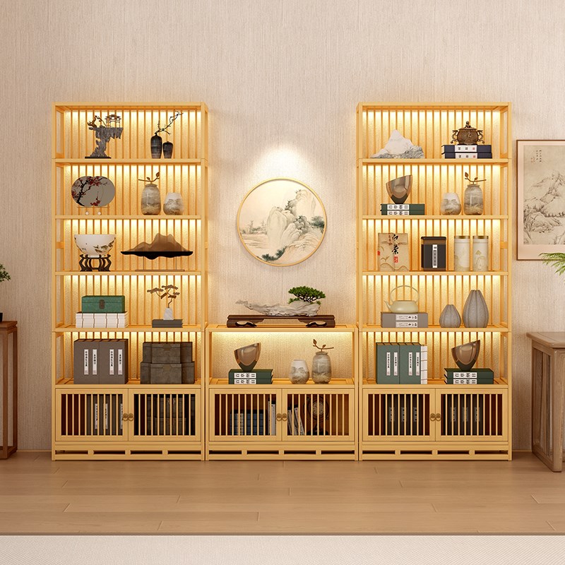 中式博古架背条茶叶展示柜茶具架茶室背景L墙文玩置物架多宝阁柜