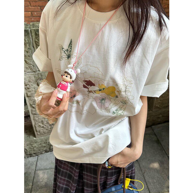 白色圆领短袖T恤女宽松慵懒风休闲百搭美式复古印花设计感上衣潮