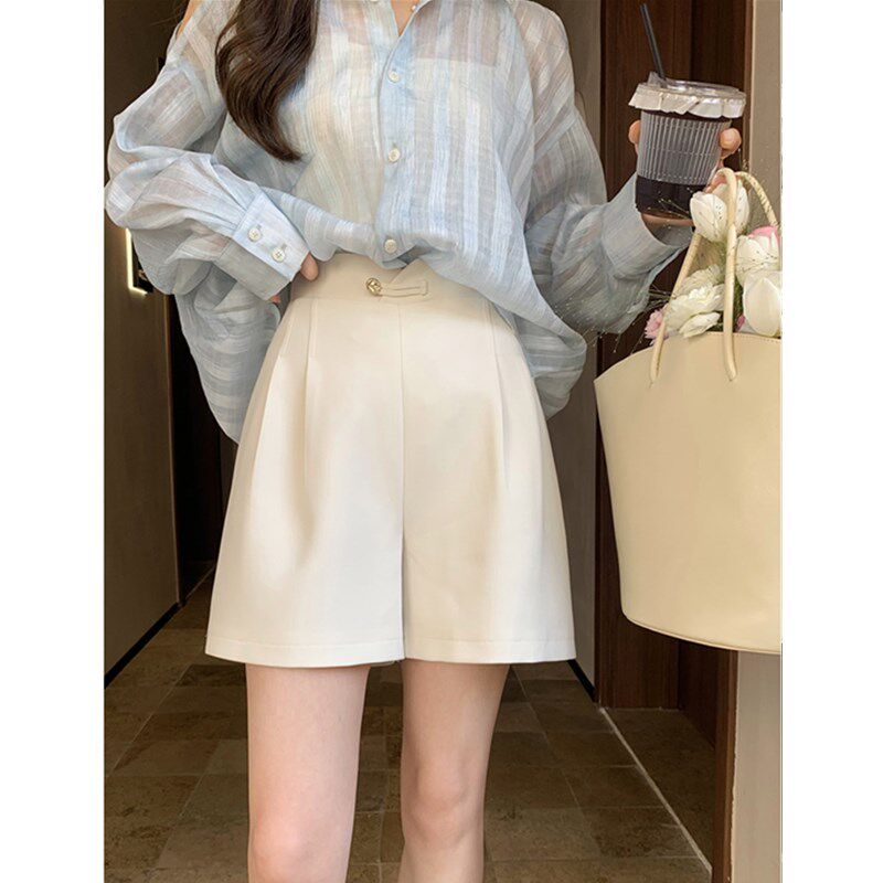 黑色阔腿裤大码高腰休闲裤夏季2023胖MM显瘦学生a字盘扣西装短裤