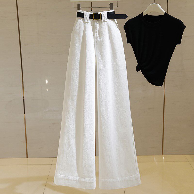 白色高腰阔腿牛仔裤女2025春秋新款美式垂感宽松显瘦直筒拖地裤子