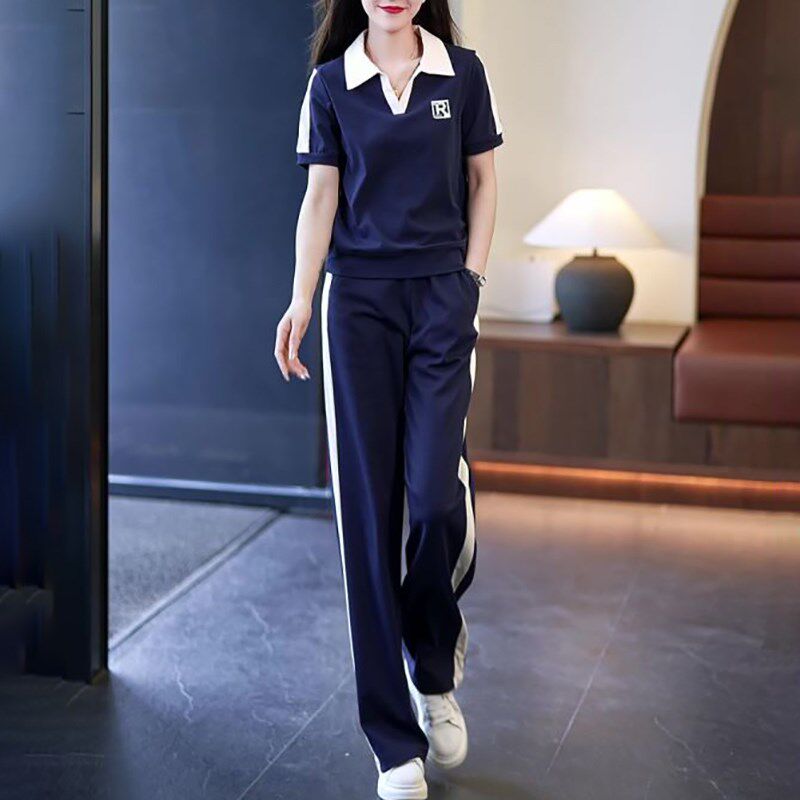 2025夏新款休闲运动套装女士洋气小个子时尚翻领上衣直筒裤两件套