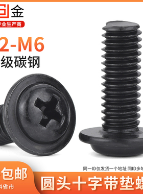 黑色十字圆头带垫螺丝带垫螺钉盘头十字带垫螺钉M2M2.5M3M4M5L