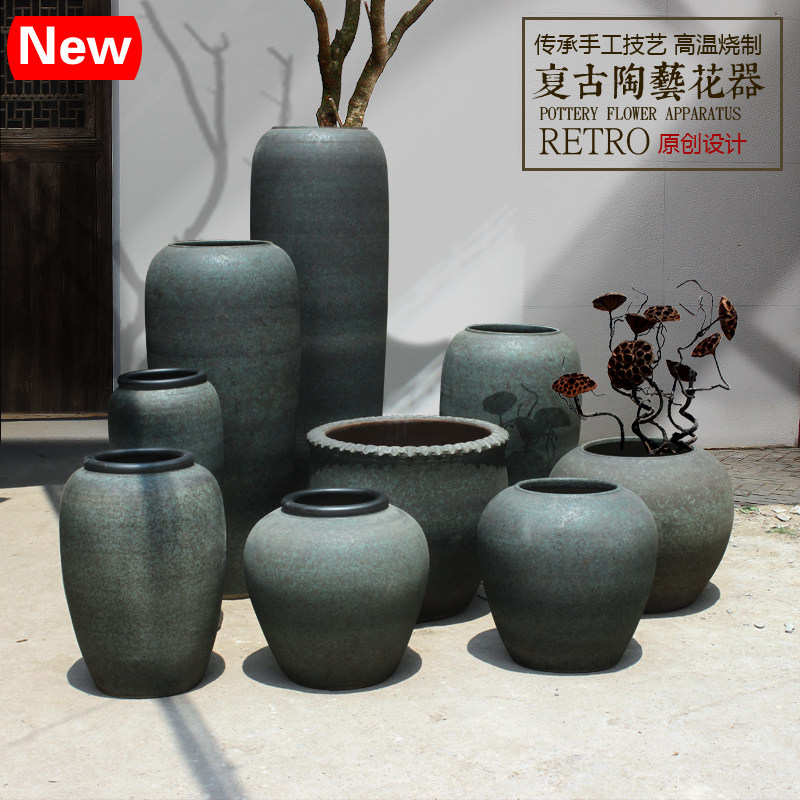 禅意复古粗陶落地花瓶干支陶瓷罐插花器花盆橱窗摆件工艺品缸坛子