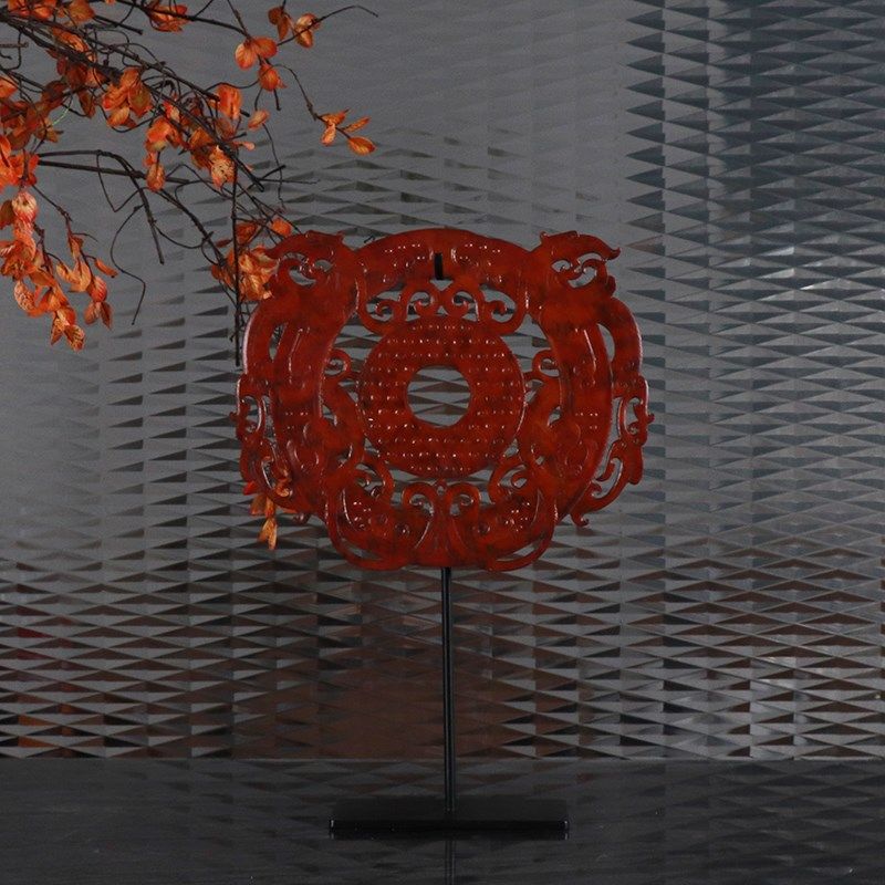 现代新中式雕刻镂空玉璧样板房间客厅书房别墅客厅玄关装饰品摆件