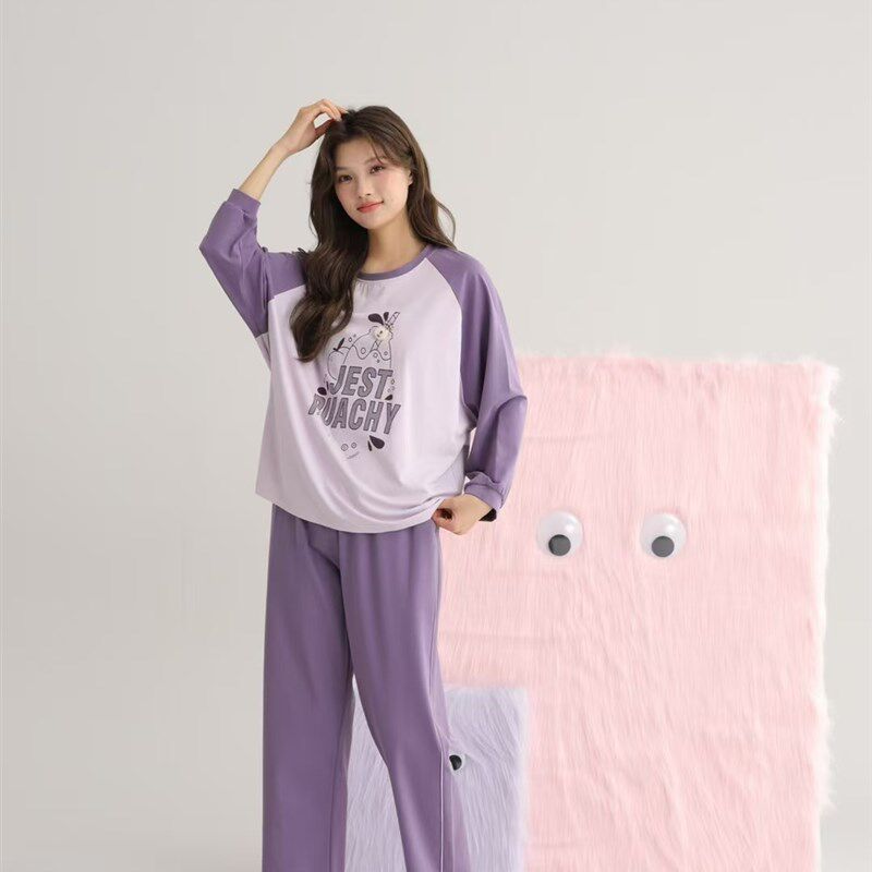 春秋季纯棉睡衣女款套头长袖长裤休闲简约爽棉青年家居服实体店版