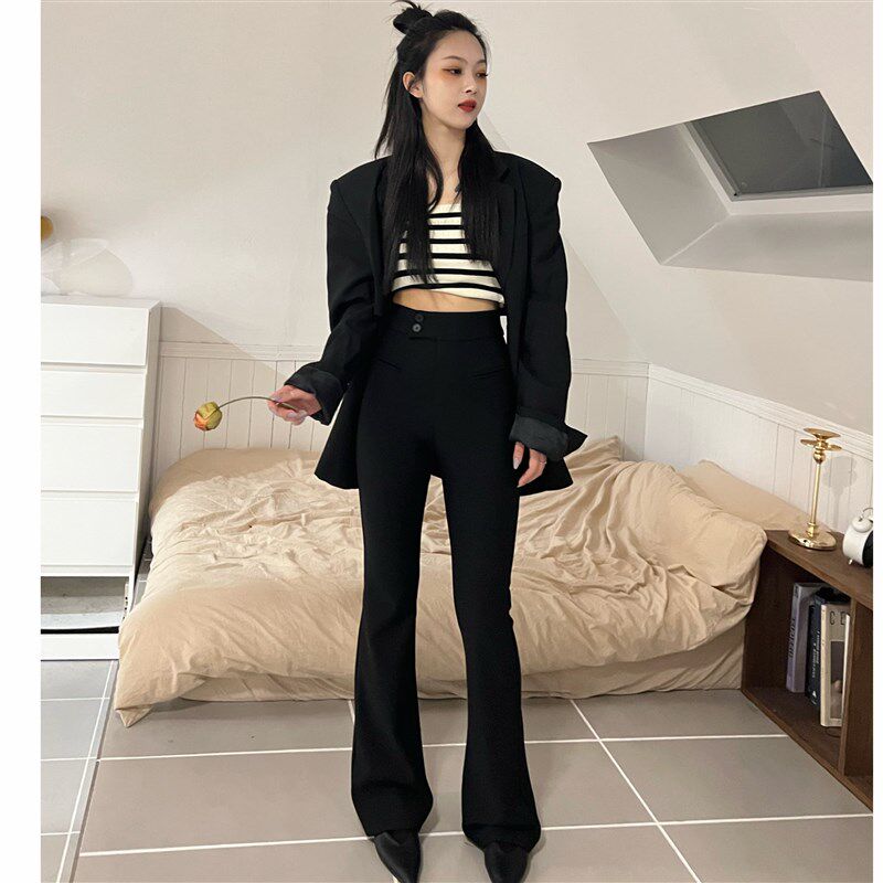 小黑裤高腰显瘦西装裤女2022年秋冬新款弹力修身百搭微喇叭长裤