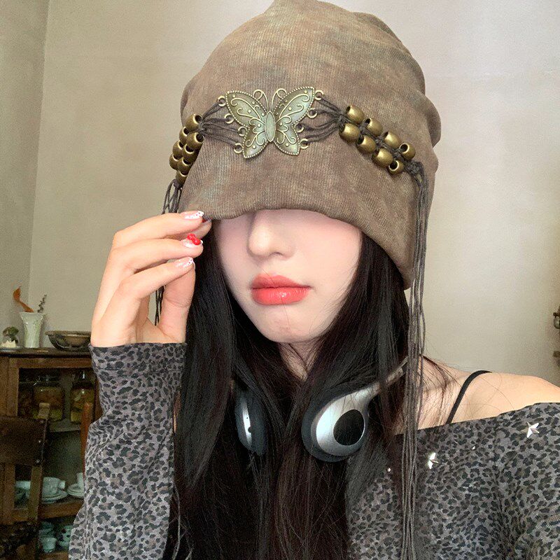 扎染流苏串珠冷帽女春秋季复古小众百搭包头帽大头围显脸小帽子潮