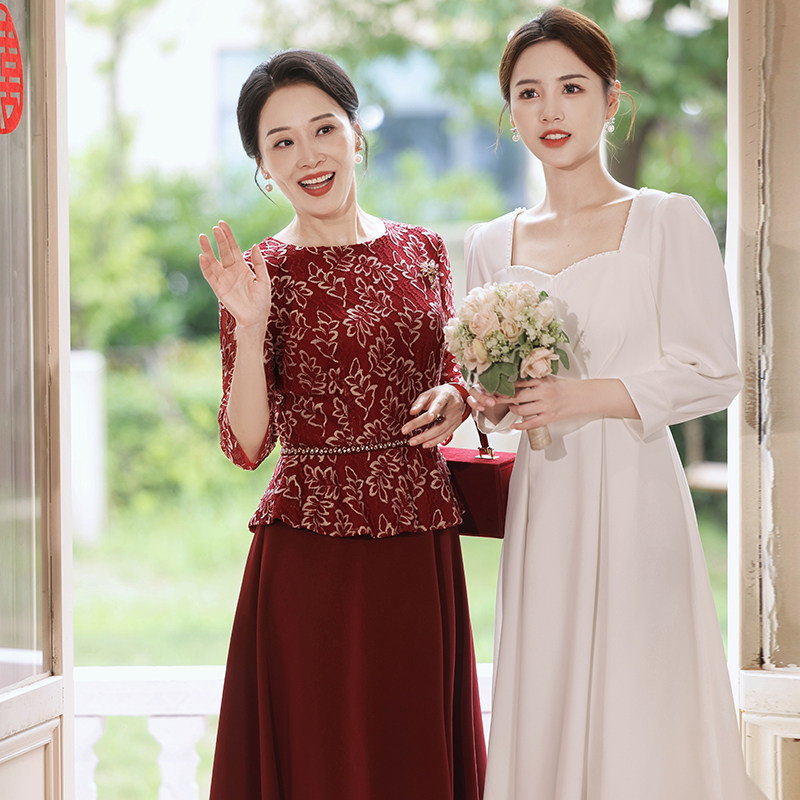 高贵婚宴妈妈装酒红旗袍假两件套高端大气喜婆婆结婚礼服平时可穿
