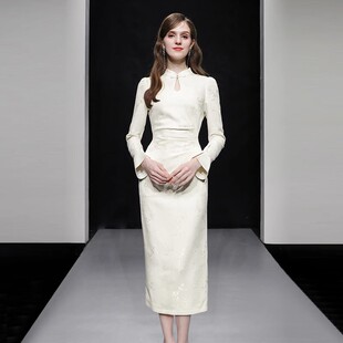 连衣裙立领喇叭袖 复古淑女旗袍修身 提花缎面气质裙 新款 2025春季