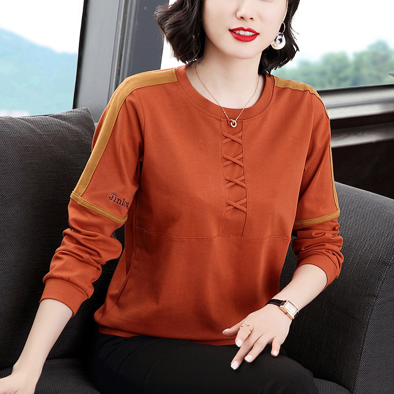 2021秋装新款中年妈妈t恤纯棉内搭长袖t桖宽松女士打底衫秋冬上衣