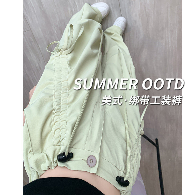 绿色工装裤女夏季薄款2024新款高腰小个子休闲美式降落伞兵阔腿裤