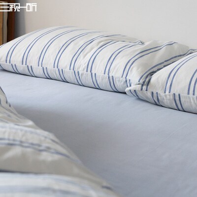 色织非印染d丨全棉水洗棉四件套床上床单被套天蓝条纹床品套件