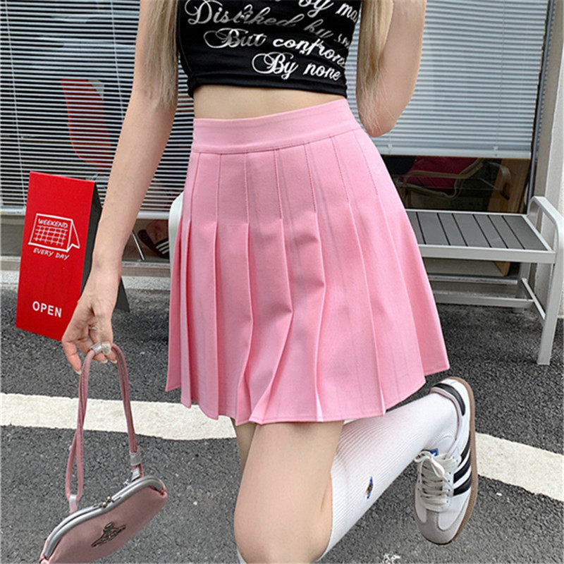 夏季小清新粉色啦啦队服装百褶裙高腰半身裙防走光纯色显瘦短裙女