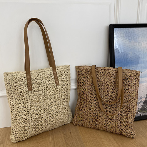 日系草编包女夏天大容量单肩包沙滩包缕空编织包手提藤编包购物袋