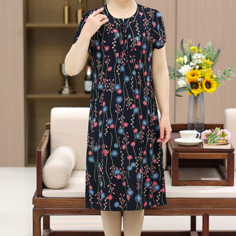 妈妈夏天连衣裙洋气中年女夏装母亲节衣服中老年大码遮肚棉绸裙子
