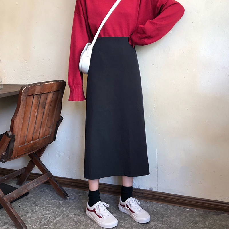 黑色高腰半身裙大码女春新款韩版宽松气质显瘦中长款开叉A字裙秋