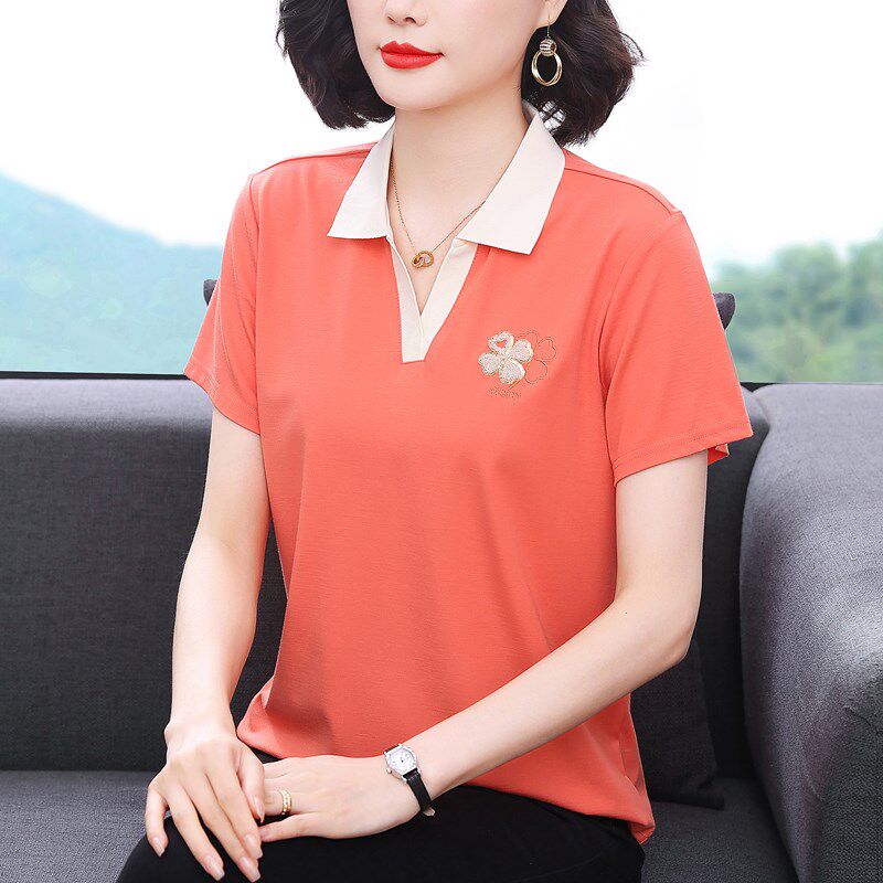 时尚纯棉短袖t恤女夏季新款半开领宽松显瘦上衣中年妈妈洋气衬衣